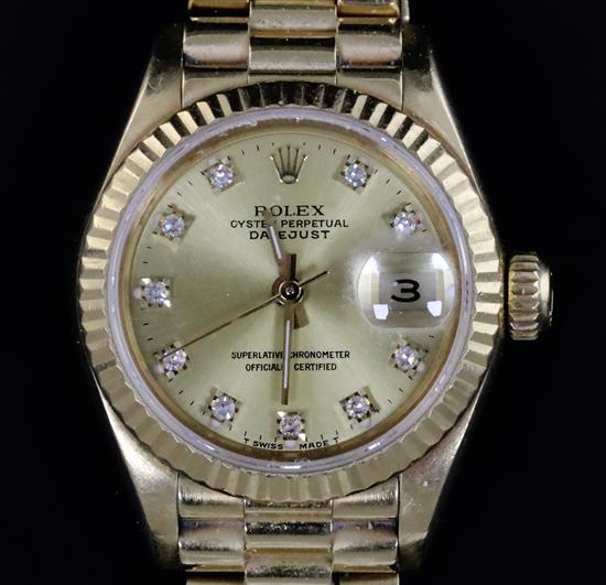 A ladys 1980s 18ct gold and diamond Rolex Oyster Perpetual Datejust wrist watch,